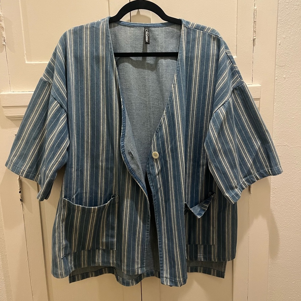 Vintage Oversized Denim Striped Chore Coat Blue